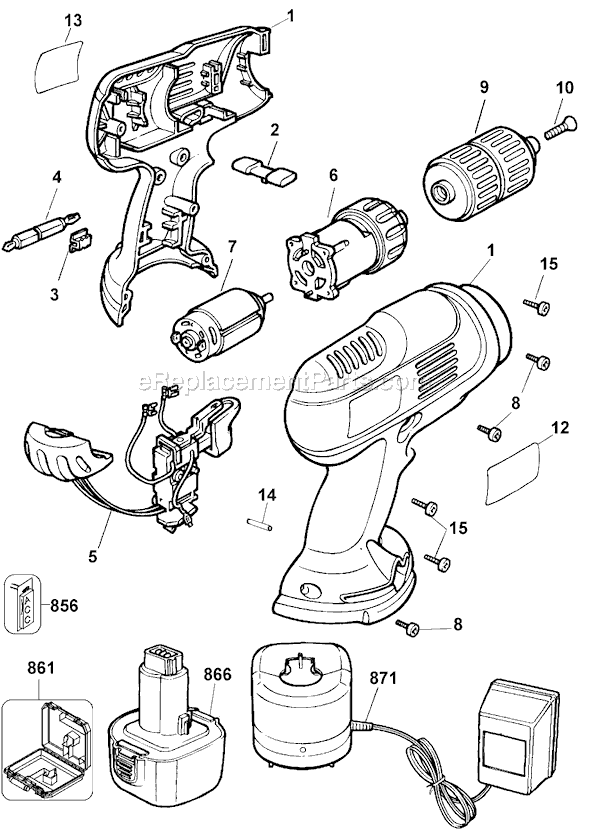 Page A Diagram and Parts List for CD9600B Type 1 Black and Decker Cordless Drill